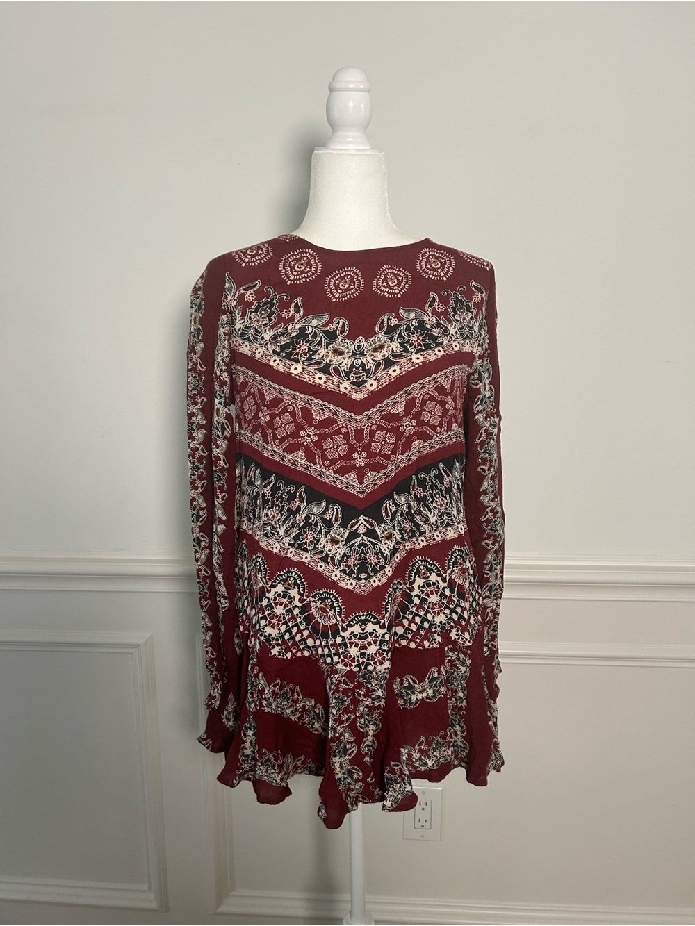 Free People Maroon Paisley & Geometric Print Long-Sleeve Tunic